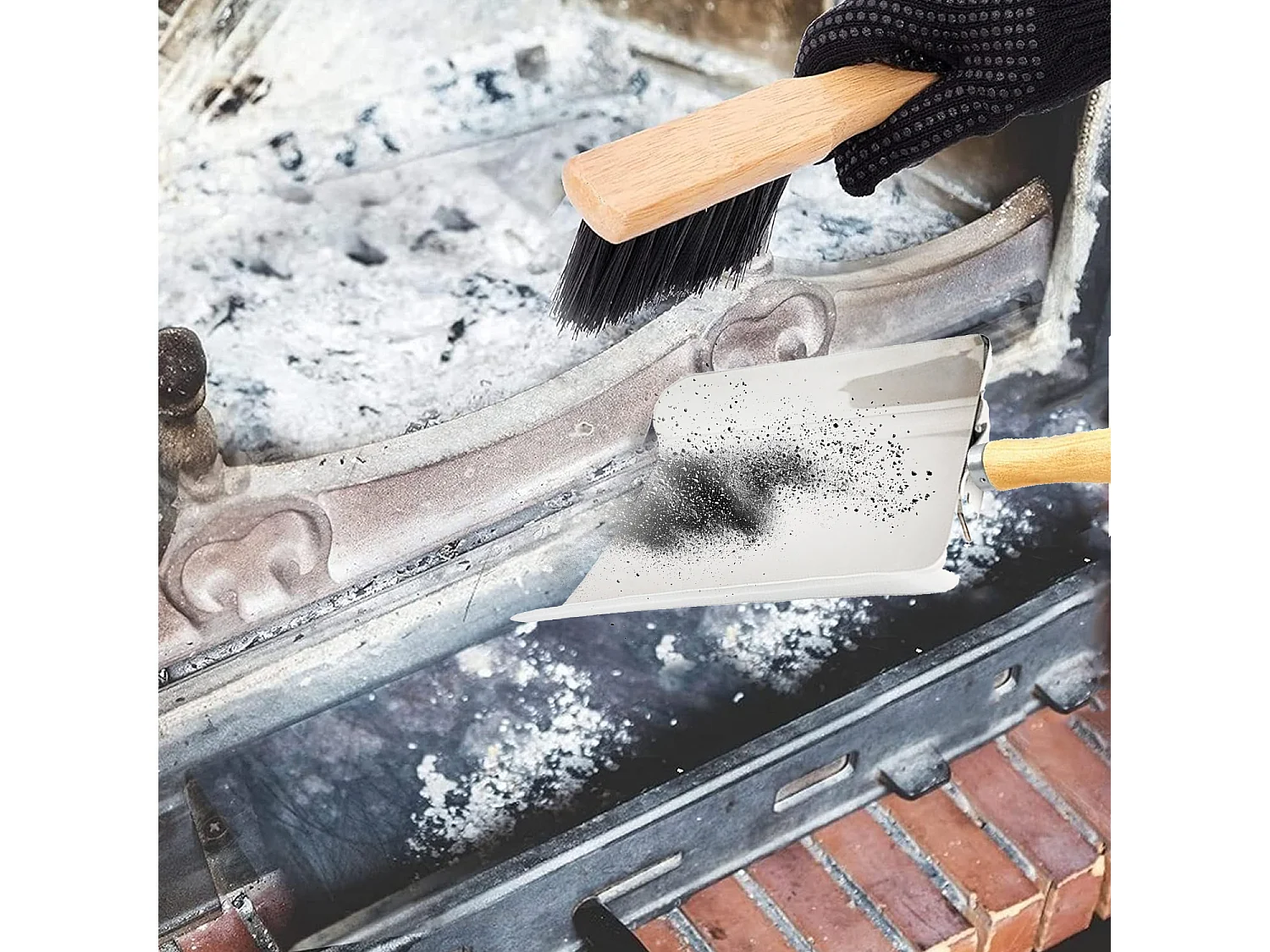 Pelle à cendre, charbon pour cheminée, Ramasse poussière en métal avec poignée en Bois couleur  Gris - 23,5 x 20 cm