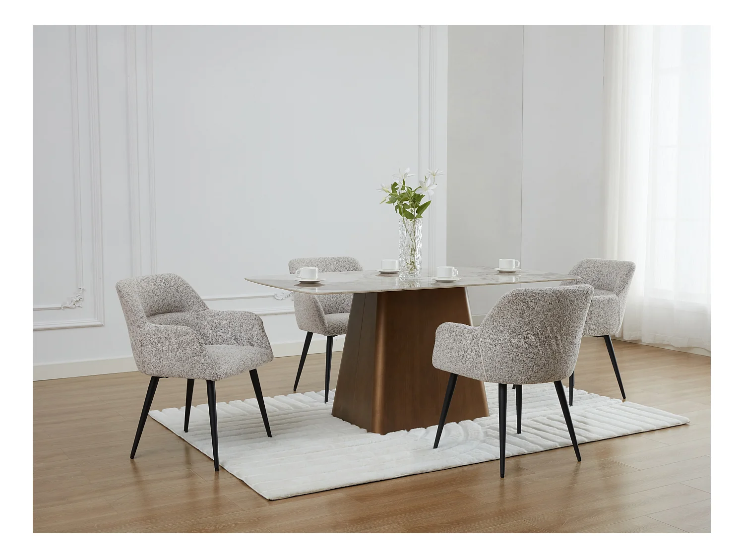 Lot de 6 chaises avec accoudoirs en tissu tweed et métal noir - Crème - HEKA