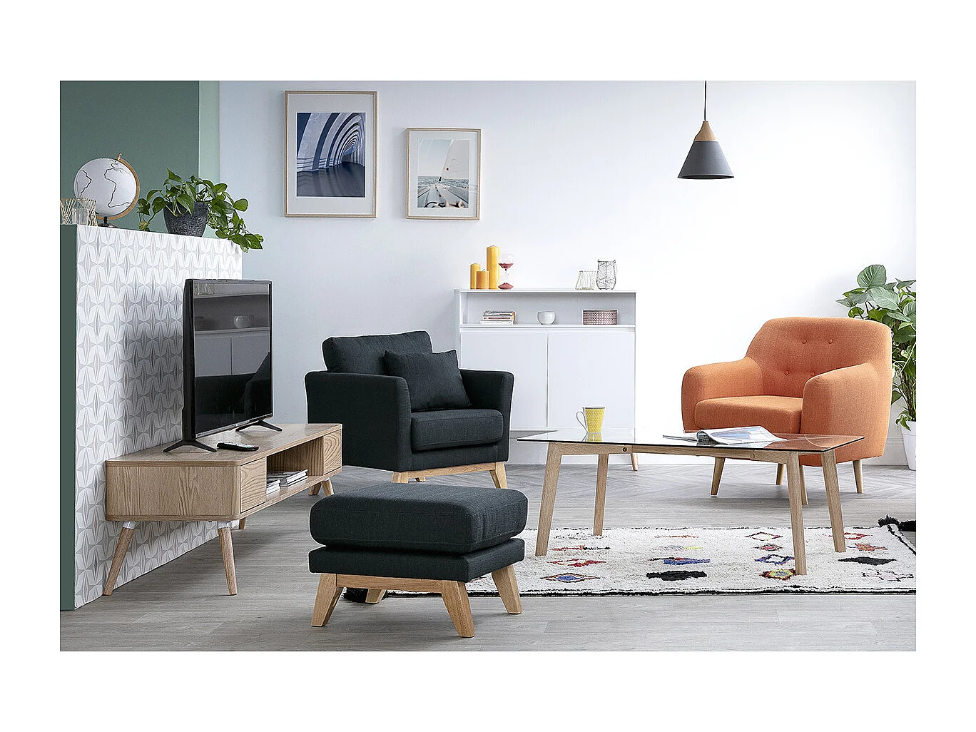 Pouf repose-pieds déhoussable scandinave en tissu effet velours texturé terracotta et bois clair OSLO