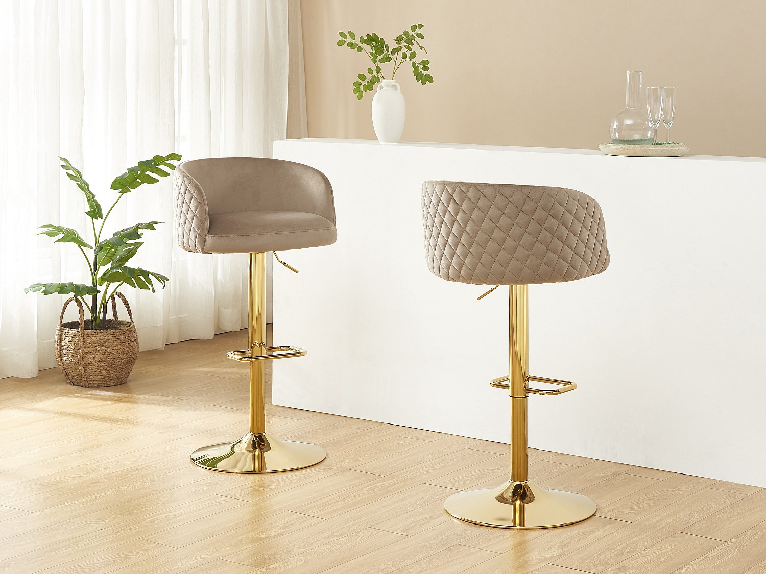 Vente-unique Barhocker 2er-Set Höhenverstellbar - Samt & Goldfarbenes Metall - Beige - Perlanita Von Pascal Morabito