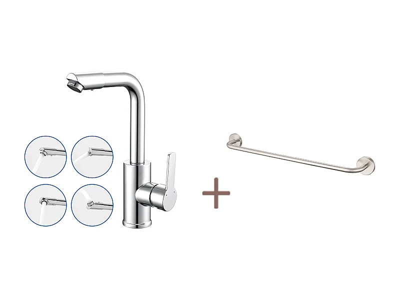 Auralum MAX Rubinetto Lavabo con Beccuccio Girevole,Rubinetto Bagno Rotazione 360°,Cromato+60cm Portasciugamani Bagno Autoadesivo o Foratura,Inox