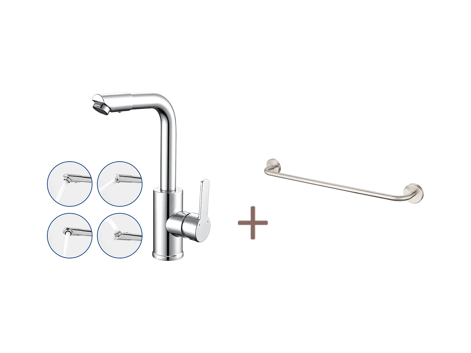 Auralum MAX Wastafelkraan met BEc Draaibaar,Badkamerkraan 360° Rotatie,Chrome+60cm Handdoekhouder Badkamer Zelfklevend of Boren, RVS