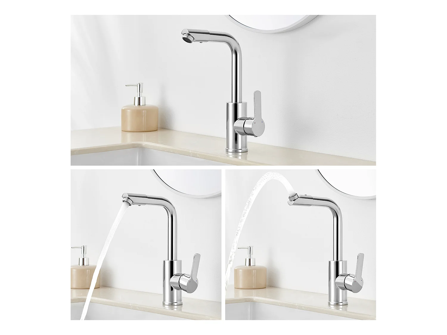 Auralum MAX Robinet Lavabo avec Bec Pivotant,Robinet Salle Bain Rotation 360°,Chromé+60cm Porte-Serviettes Salle Bain Auto-adhésif ou Perçage,Inox