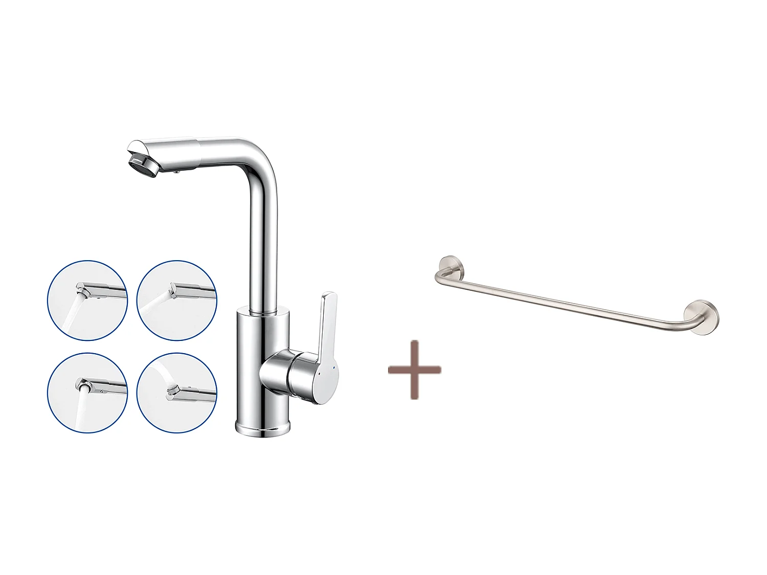 Auralum MAX Robinet Lavabo avec Bec Pivotant,Robinet Salle Bain Rotation 360°,Chromé+60cm Porte-Serviettes Salle Bain Auto-adhésif ou Perçage,Inox