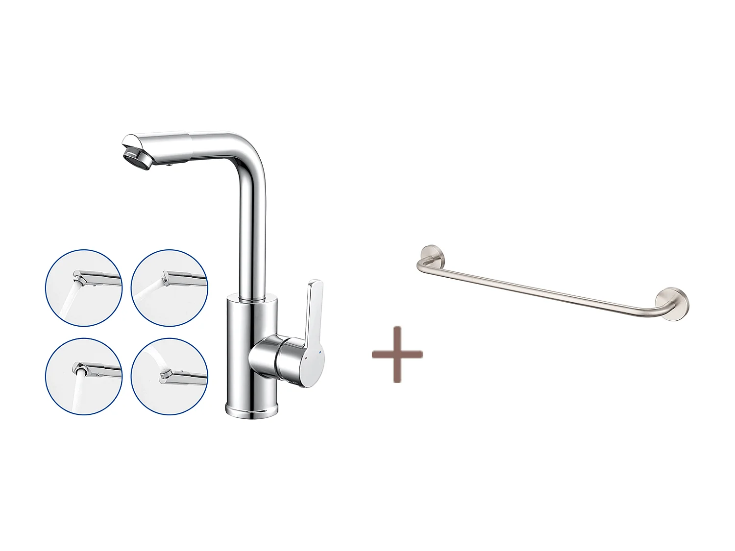 Auralum MAX Robinet Lavabo avec Bec Pivotant,Robinet Salle Bain Rotation 360°,Chromé+60cm Porte-Serviettes Salle Bain Auto-adhésif ou Perçage,Inox