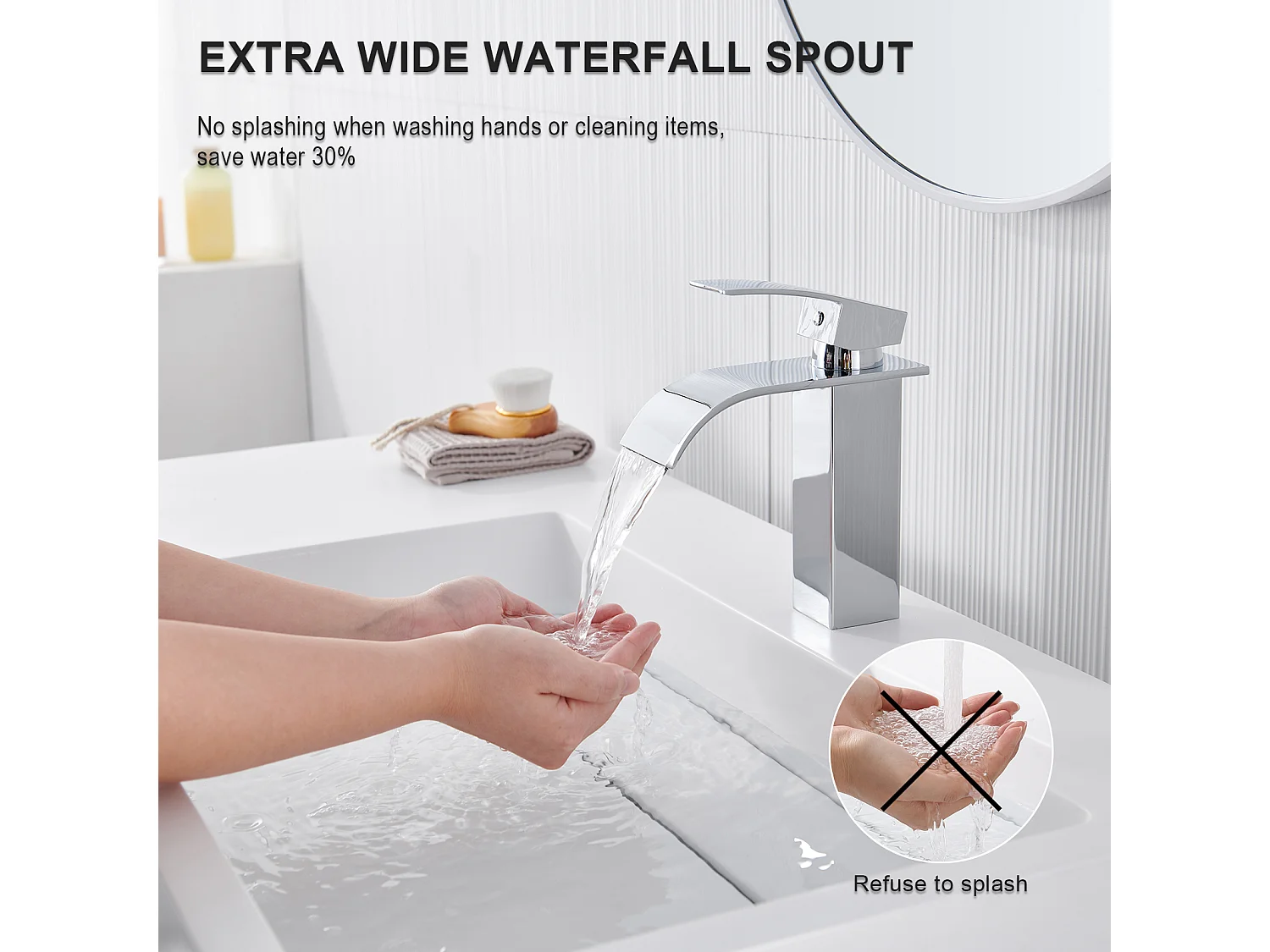 Auralum Max Chrom-Waschtischarmatur mit Wasserfall, Badezimmerarmatur mit Kalt-/Warmwasser, hochwertige Mischbatterie aus 304 Edelstahl, 2 Stück