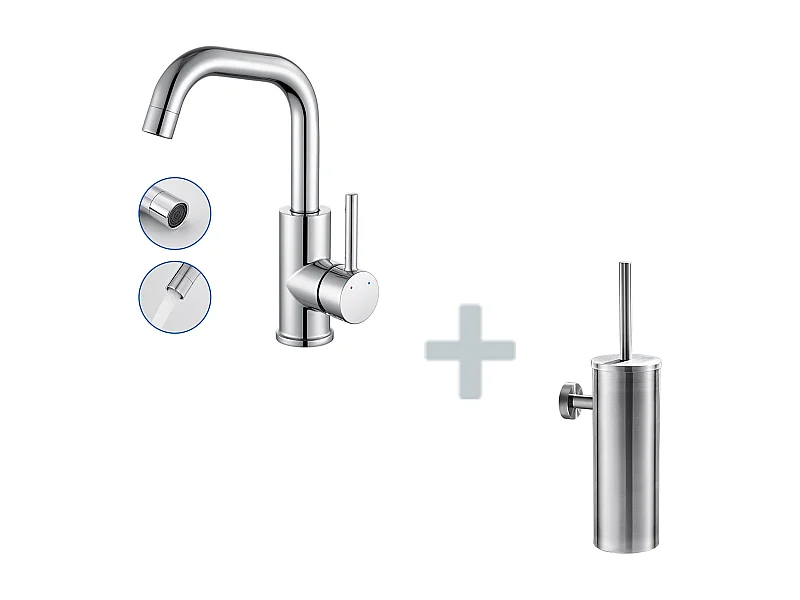 Spültisch-Mischbatterie, 360° schwenkbarer Spültischhahn, mit abnehmbarem Luftsprudler, Chrom + Edelstahl-Toilettenbürstenhalter, Wandmontage, Toilettenbürste