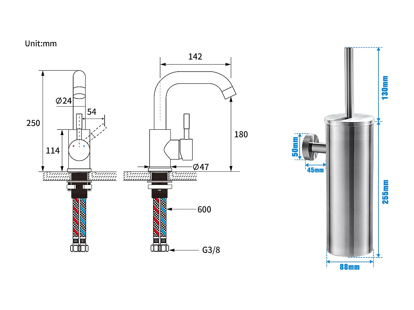 Spültisch-Mischbatterie, 360° schwenkbarer Spültischhahn, mit abnehmbarem Luftsprudler, Chrom + Edelstahl-Toilettenbürstenhalter, Wandmontage, Toilettenbürste