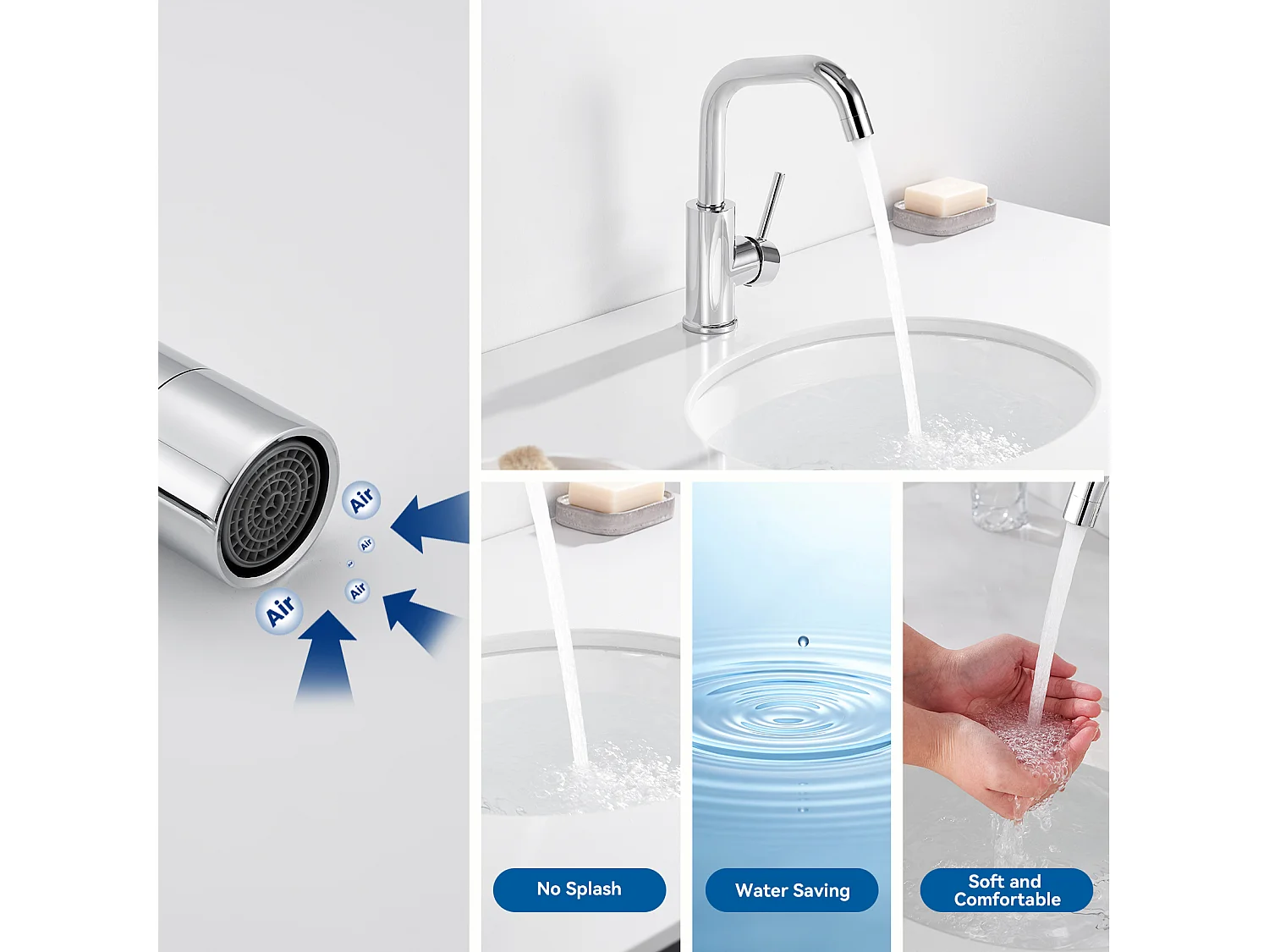 Spültisch-Mischbatterie, 360° schwenkbarer Spültischhahn, mit abnehmbarem Luftsprudler, Chrom + Edelstahl-Toilettenbürstenhalter, Wandmontage, Toilettenbürste