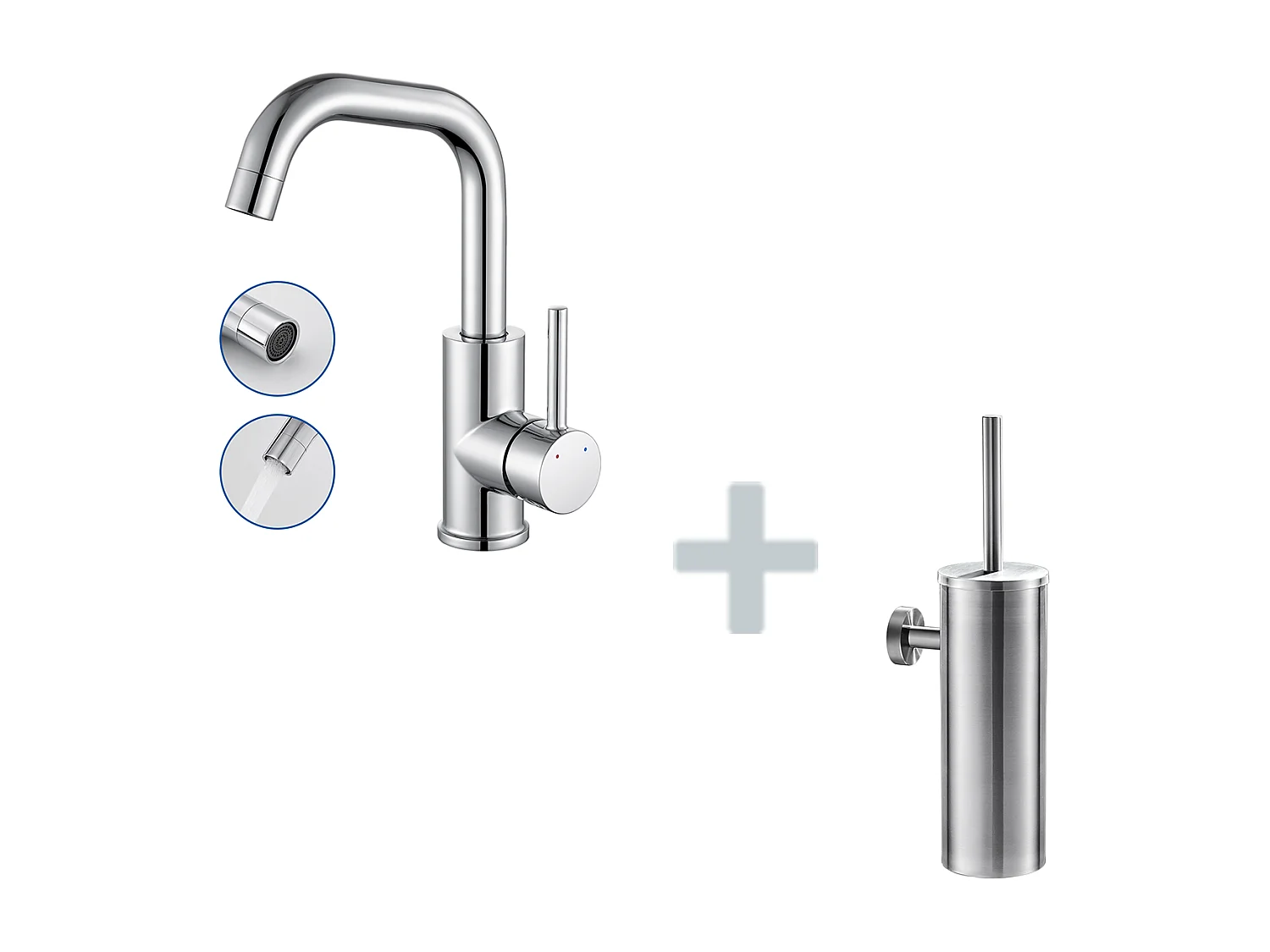 Mezclador Lavabo,Grifo Lavabo Pivotante 360°,con Aireador Desmontable,Cromado+Porta Cepillo Inodoro Acero Inoxidable Cepillo WC Mural