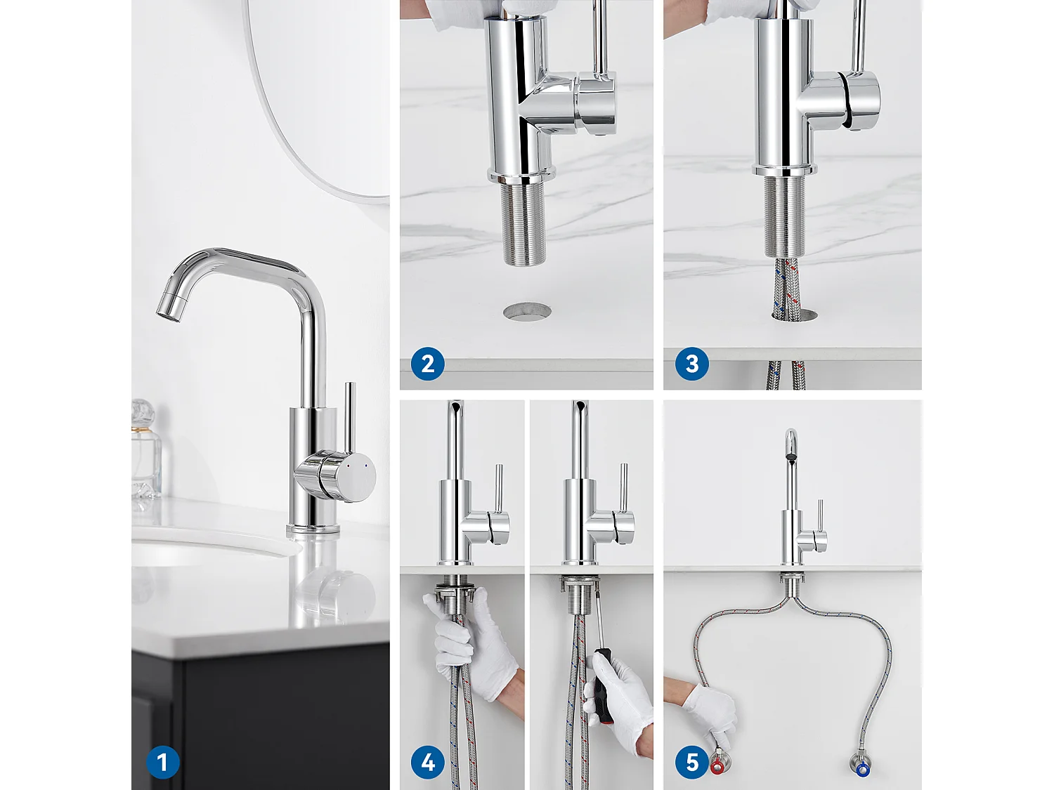 Mezclador Lavabo,Grifo Lavabo Pivotante 360°,con Aireador Desmontable,Cromado+Porta Cepillo Inodoro Acero Inoxidable Cepillo WC Mural