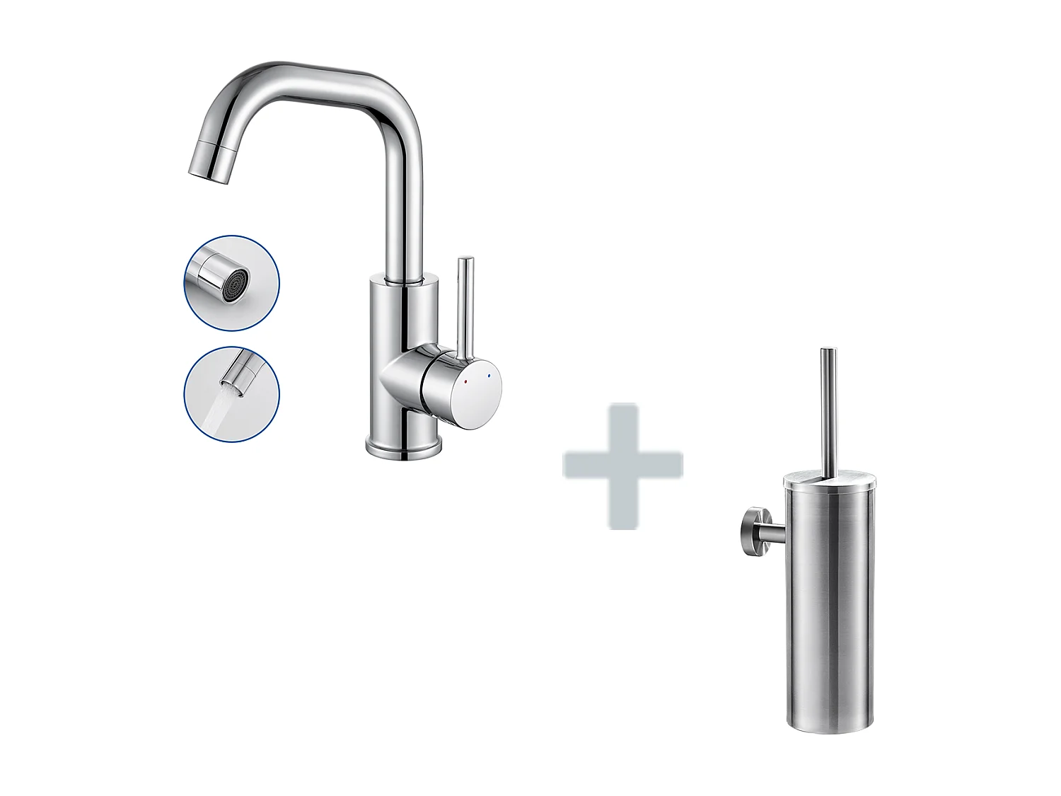 Mitigeur Lavabo,Robinet LavaboPivotant 360°,avec Aérateur Démotable,Chromé+Porte Brosse Toilette Acier Inoxydable Brosse WC Mural