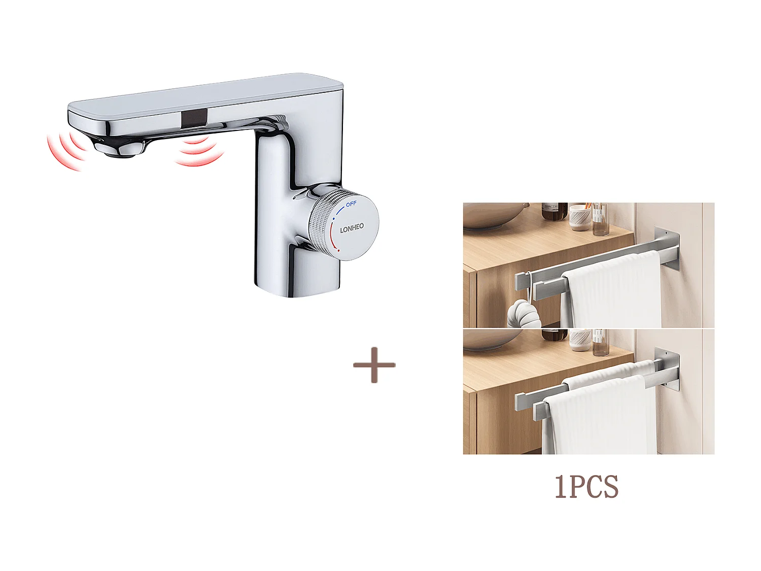 Lonheo max Automatischer Infrarot-Wasserhahn, Abnehmbarer Sprudeler, Doppelte Induktion, Chrom + Klebe-/Bohren-Badezimmerhandtuchhalter, Gebürstet