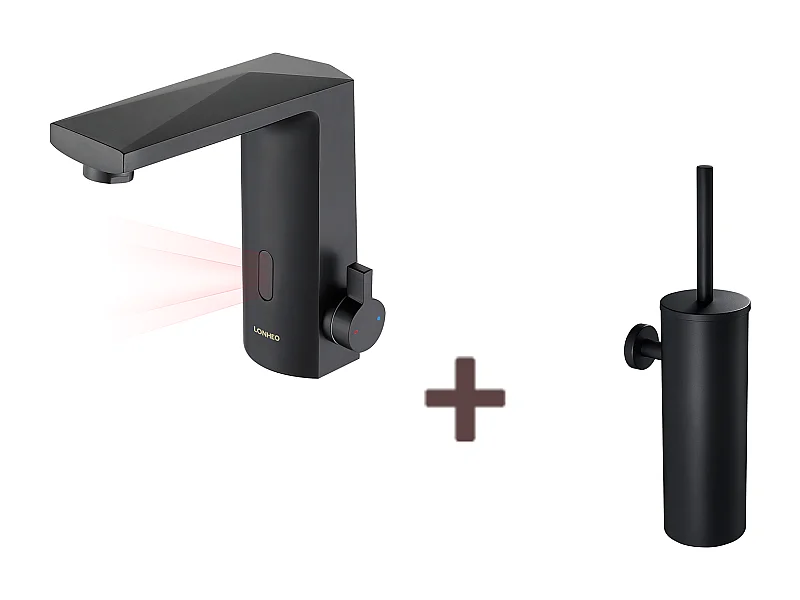 Mezclador Lavabo Sensor Infrarrojo Inteligente Automático,Negro,Agua Caliente/Fría+Cepillo WC Suspendido con Soporte de Cepillo, Acero INOX,Negro