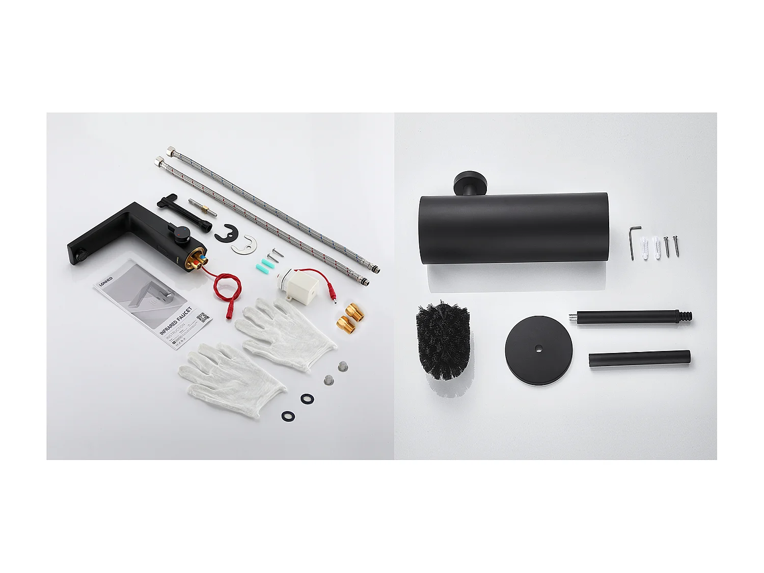 Mezclador Lavabo Sensor Infrarrojo Inteligente Automático,Negro,Agua Caliente/Fría+Cepillo WC Suspendido con Soporte de Cepillo, Acero INOX,Negro