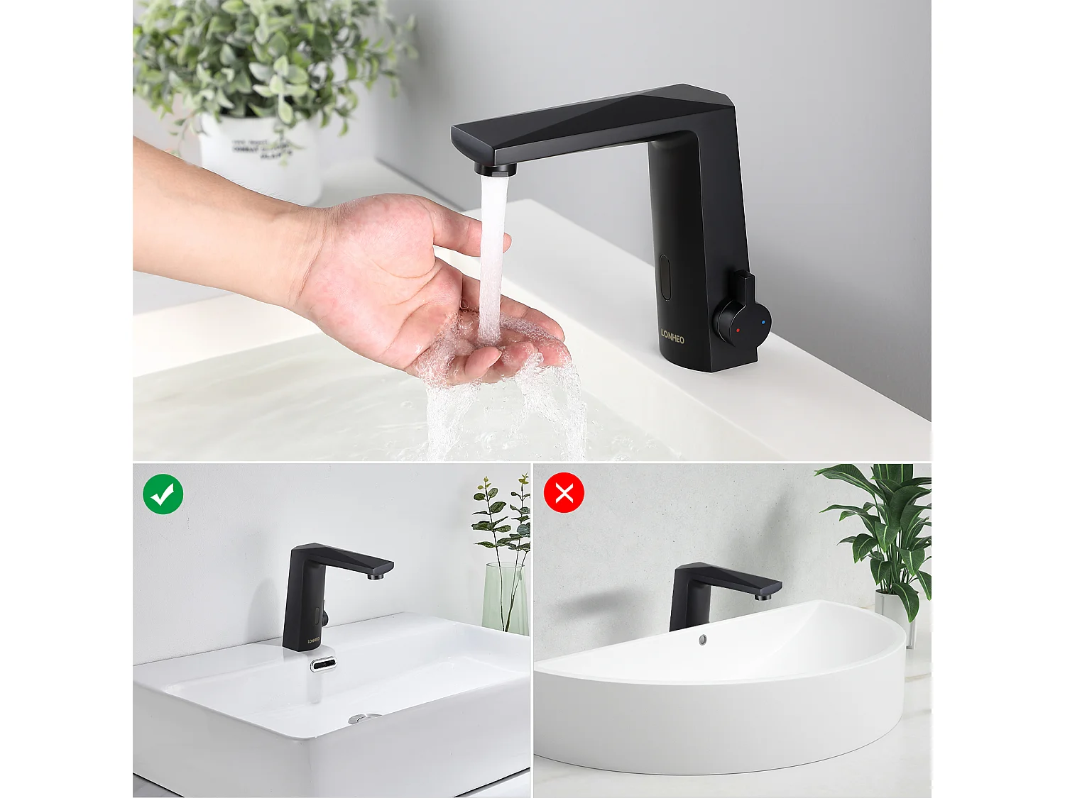 Mezclador Lavabo Sensor Infrarrojo Inteligente Automático,Negro,Agua Caliente/Fría+Cepillo WC Suspendido con Soporte de Cepillo, Acero INOX,Negro