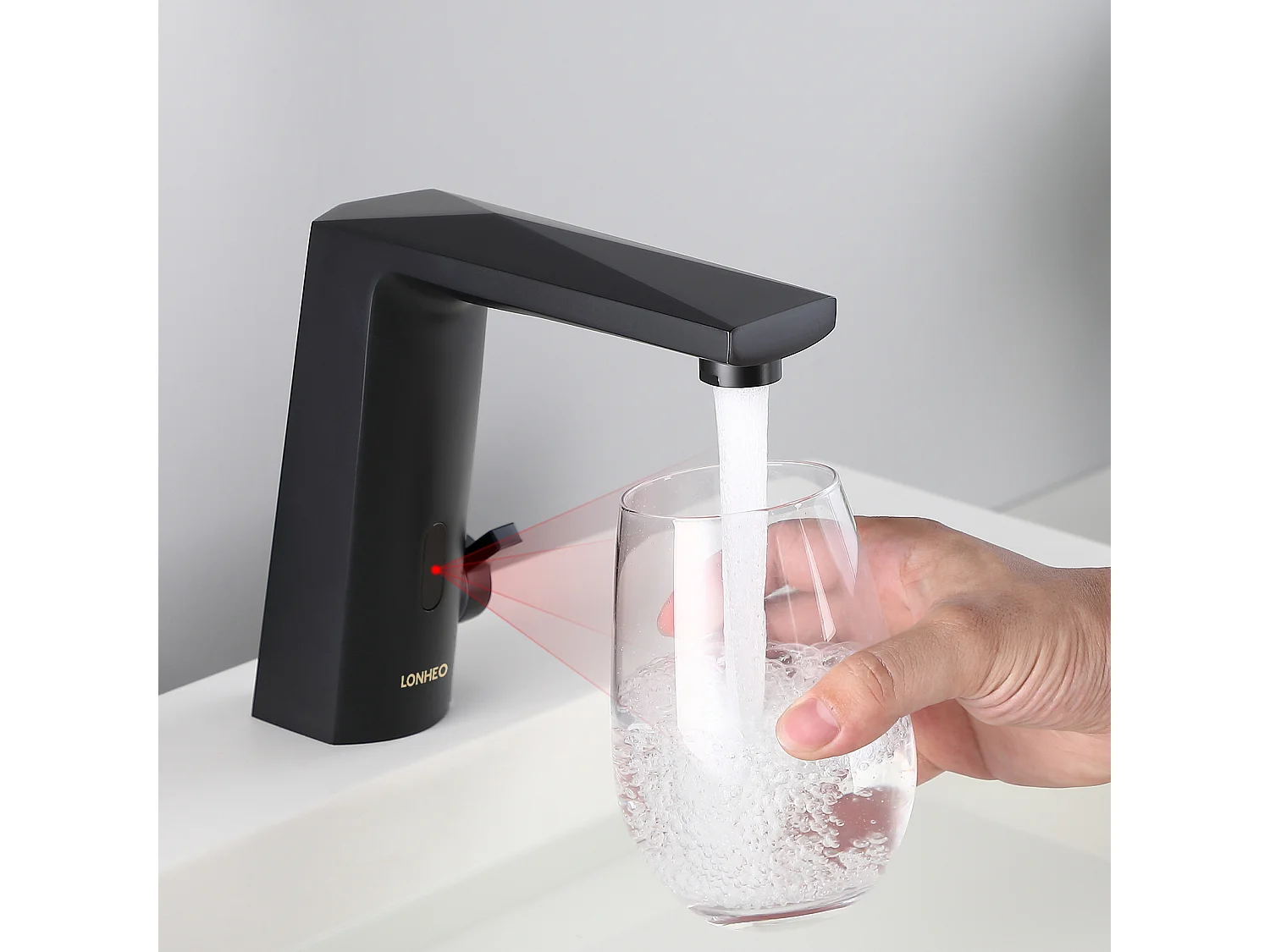 Mezclador Lavabo Sensor Infrarrojo Inteligente Automático,Negro,Agua Caliente/Fría+Cepillo WC Suspendido con Soporte de Cepillo, Acero INOX,Negro