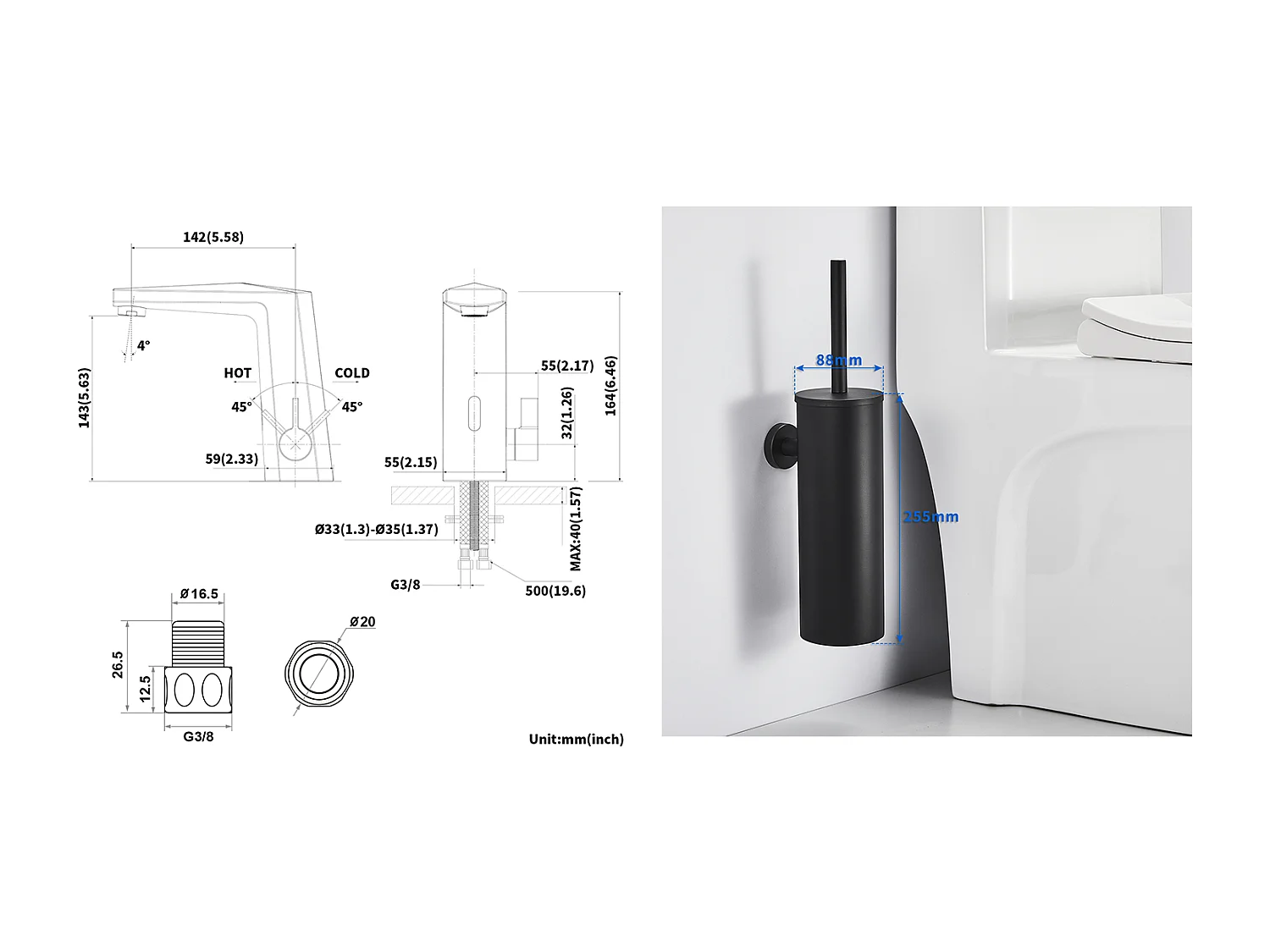 Wastafelmengkraan Intelligente Infraroodsensor Automatisch, Zwart, Warm/Koud Water + Hangende Toiletborstel met Borstelhouder, Roestvrij Staal, Zwart