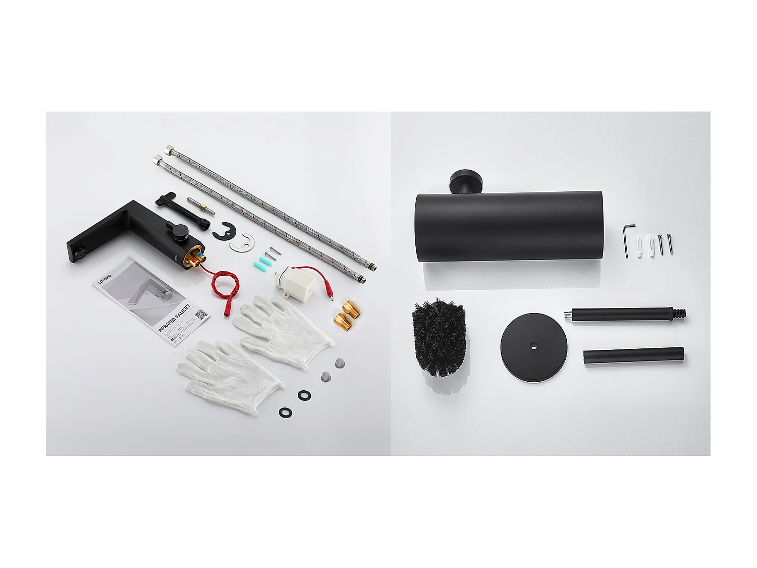 Mitigeur Lavabo Capteur Infrarouge Intelligent Automatique,Noir,Eau Chaude/Froide+Brosse Toilettes WC Suspendu avec Support de Brosse, Acier INOX,Noir