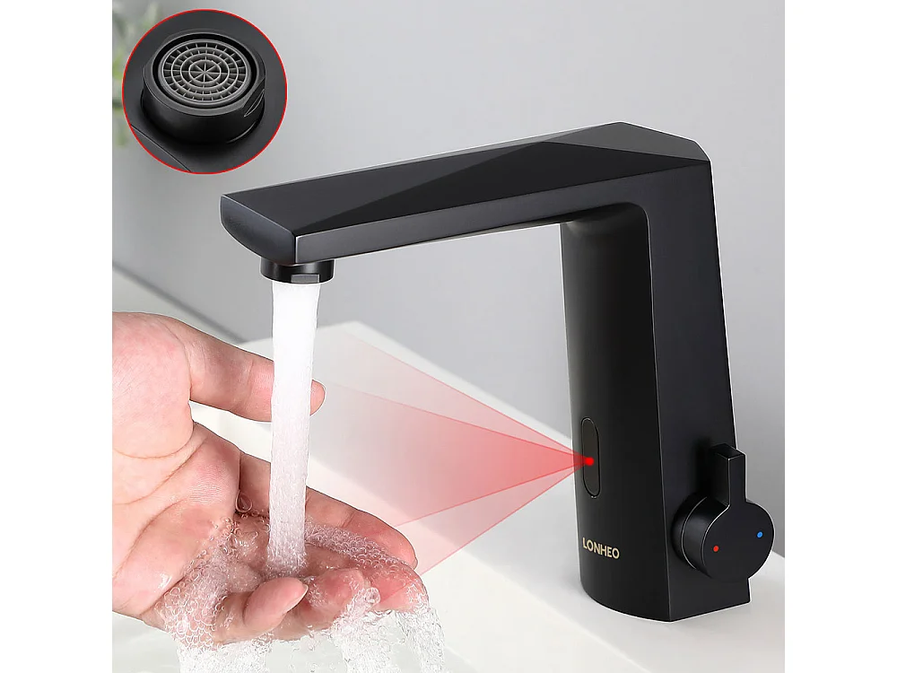 Lonheo Max Mezclador Lavabo Sensor Infrarrojo Inteligente Automático,Mezclador Infrarrojo Electrónico Negro Latón de Agua Caliente y Fría,Modelo UE