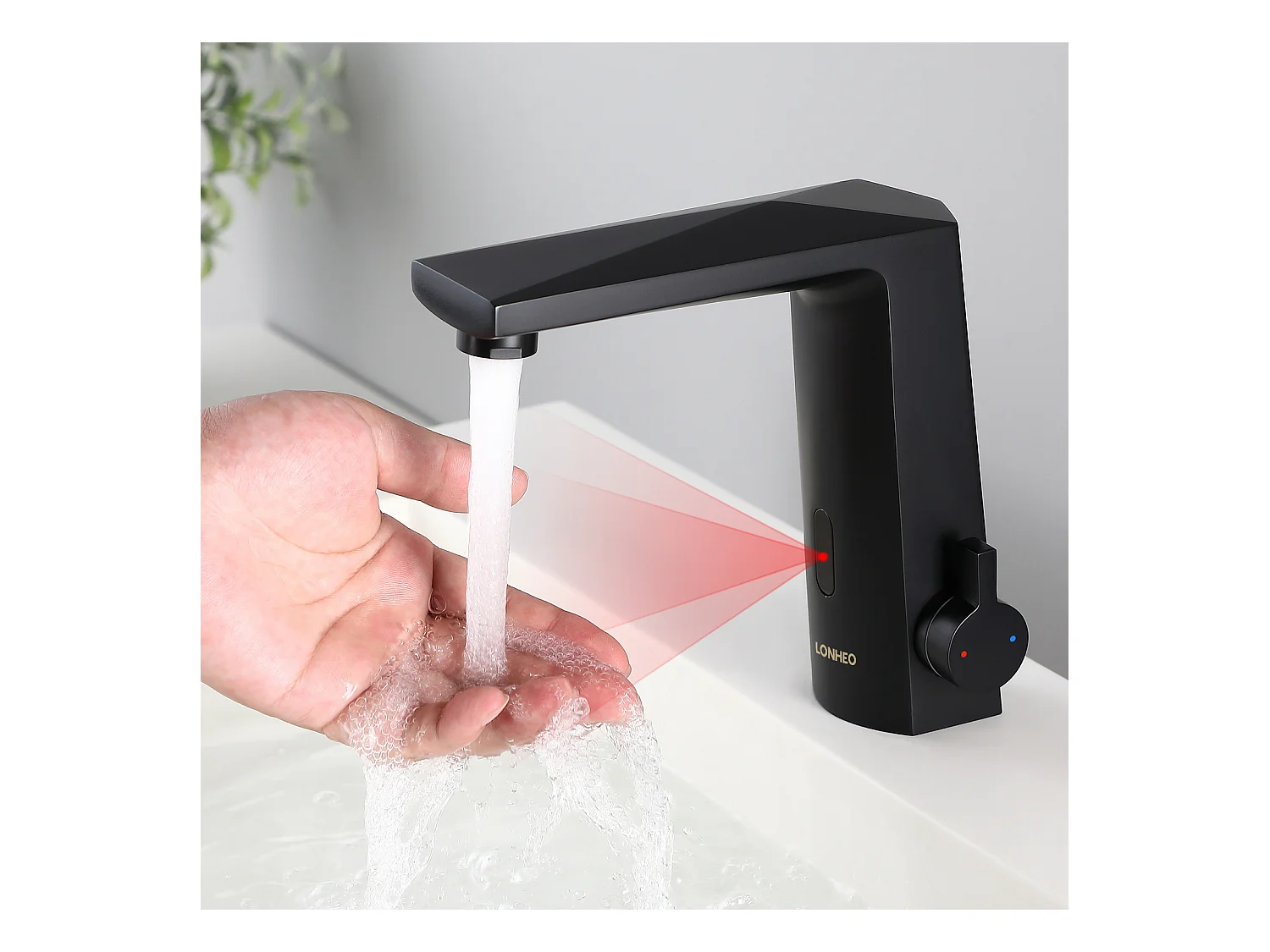 Lonheo Max Mitigeur Lavabo Capteur Infrarouge Intelligent Automatique,Mitigeur Infrarouge Electronique Noir en Laiton à Eau Chaude/Froide,EU Modèle