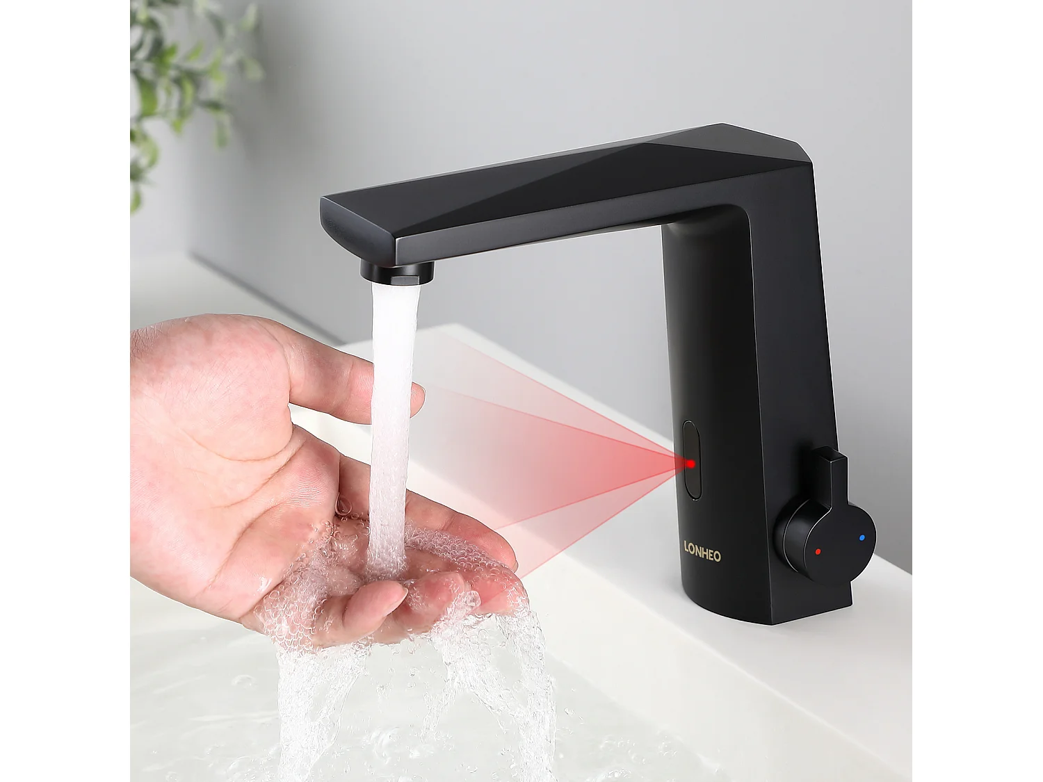 Lonheo Max Mitigeur Lavabo Capteur Infrarouge Intelligent Automatique,Mitigeur Infrarouge Electronique Noir en Laiton à Eau Chaude/Froide,EU Modèle