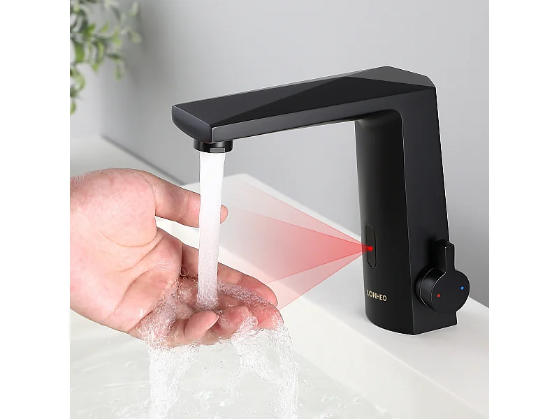 Lonheo Max Mitigeur Lavabo Capteur Infrarouge Intelligent Automatique,Mitigeur Infrarouge Electronique Noir en Laiton à Eau Chaude/Froide,EU Modèle