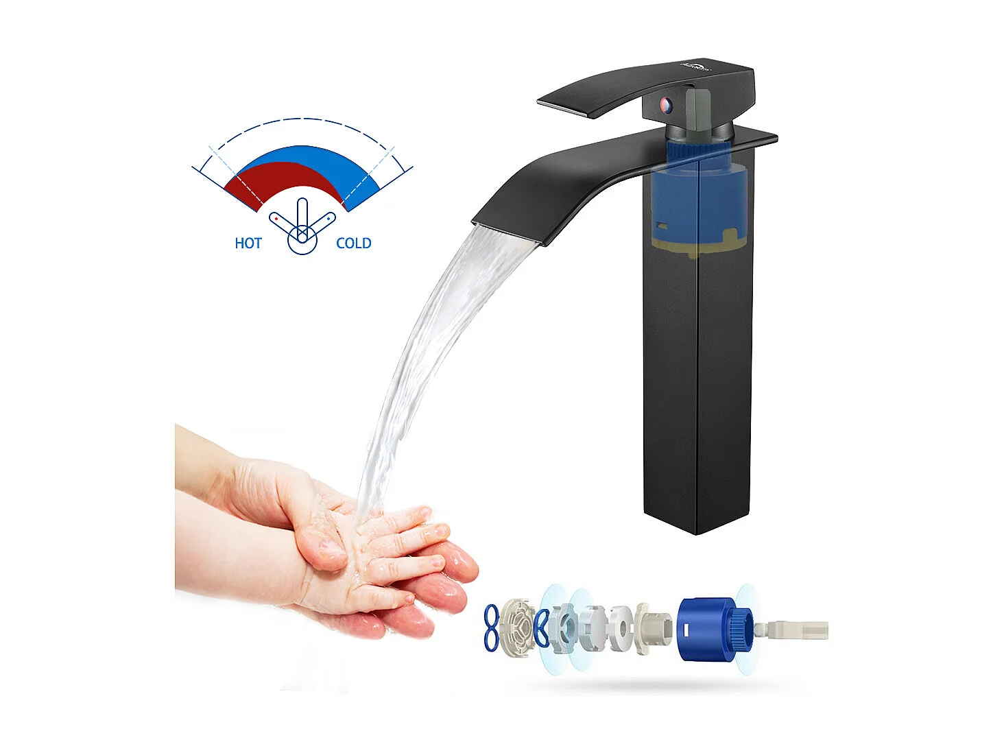 Moderner schwarzer Wasserfall-Waschtischhahn, Mischbatterie, Badezimmerarmatur + Toilettenbürste, Wandmontage mit Bürstenhalter, Edelstahl, Schwarz