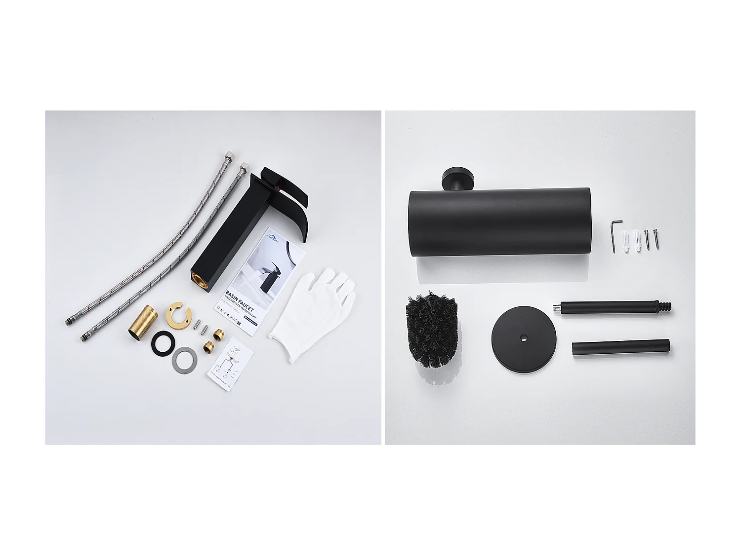 Mitigeur Robinet Lavabo Cascade Noir Moderne Mitigeur Robinet Salle Bain+Brosse Toilettes WC Suspendu avec Support de Brosse,Acier INOX,Noir