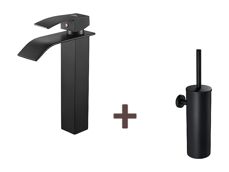 Mitigeur Robinet Lavabo Cascade Noir Moderne Mitigeur Robinet Salle Bain+Brosse Toilettes WC Suspendu avec Support de Brosse,Acier INOX,Noir