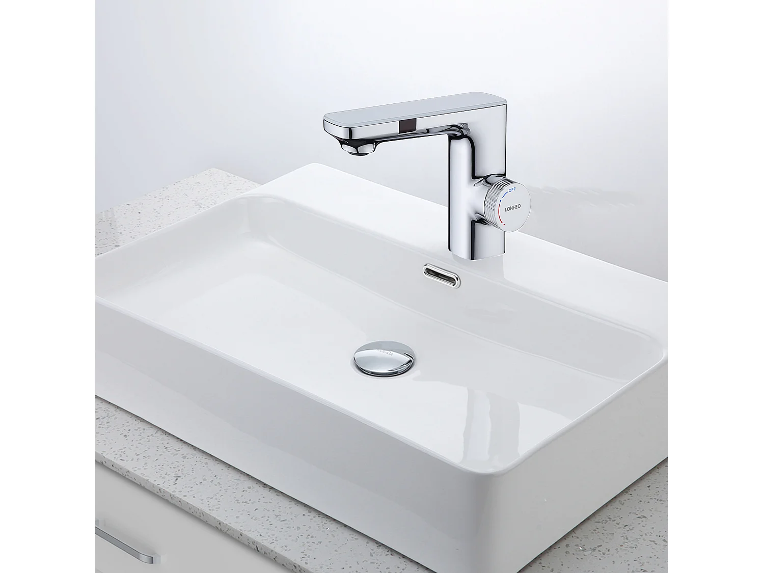 Grifo Automático Infrarrojo, Barbote Desmontable, Doble Inducción, Cromado + Tapón de Lavabo Desagüe Pop-up con Desbordamiento Automático Universal