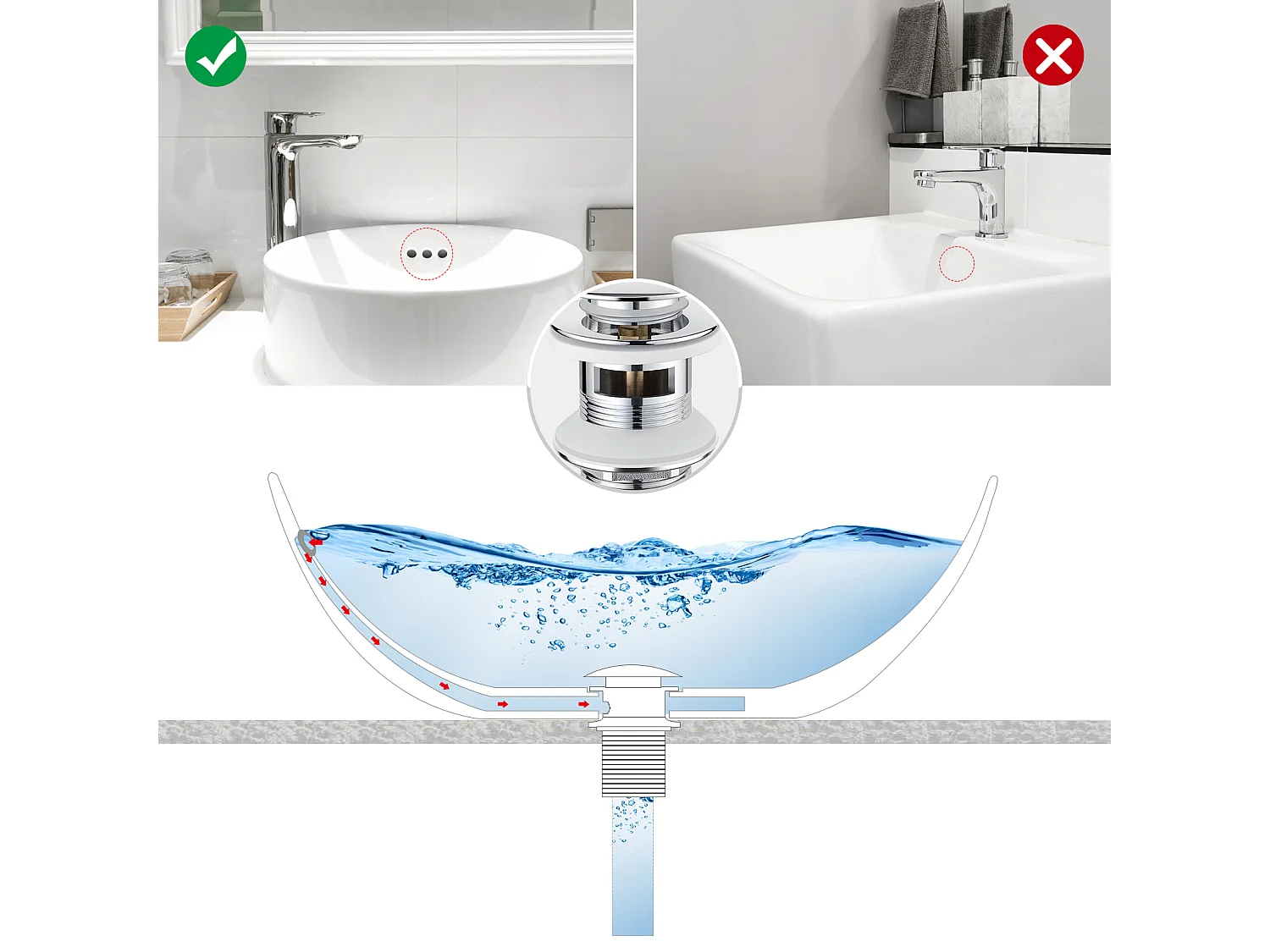 Grifo Automático Infrarrojo, Barbote Desmontable, Doble Inducción, Cromado + Tapón de Lavabo Desagüe Pop-up con Desbordamiento Automático Universal
