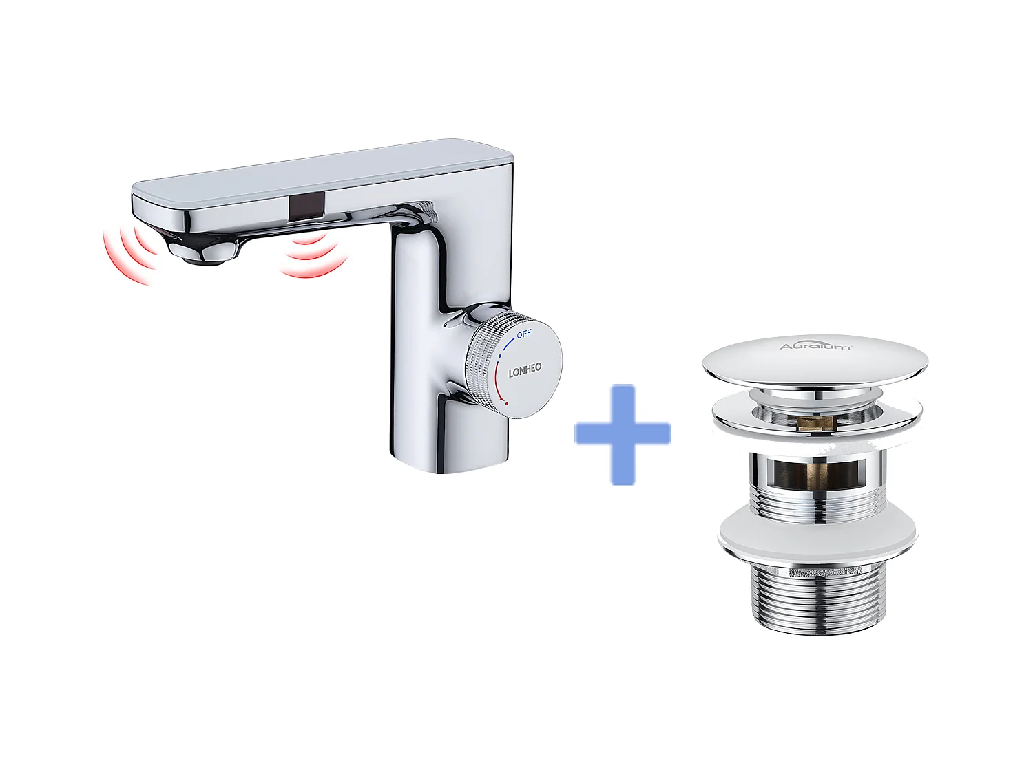 Robinet Automatique Infrarouge,Barboteur démotable,à Double Induction,Chromé+Bonde de Lavabo Bonde Pop-up avec Trop-plein Automatique Universelle