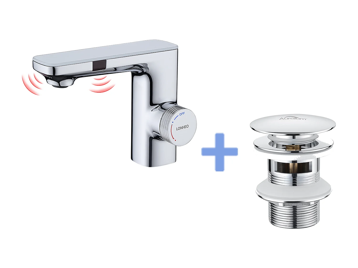 Robinet Automatique Infrarouge,Barboteur démotable,à Double Induction,Chromé+Bonde de Lavabo Bonde Pop-up avec Trop-plein Automatique Universelle