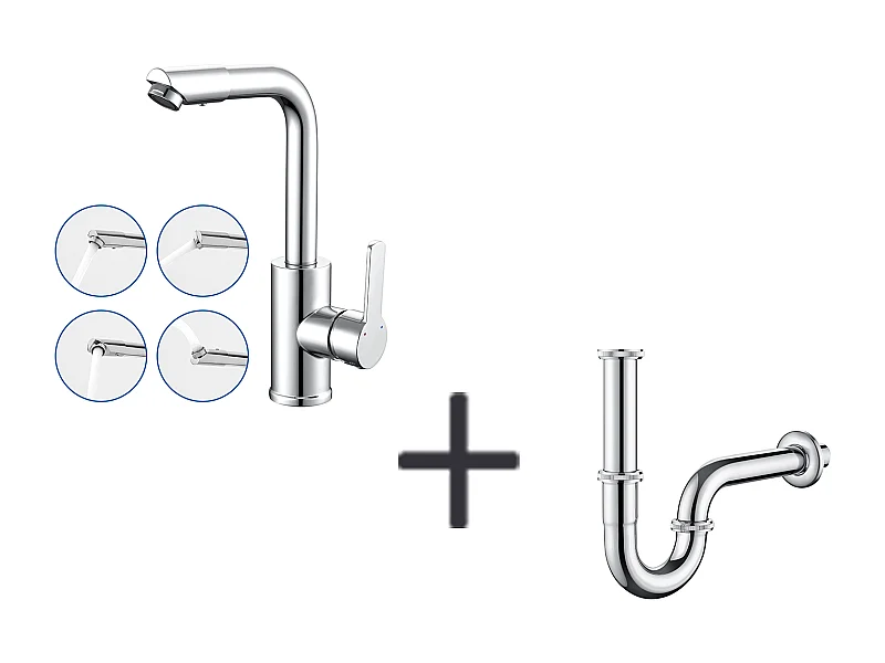 Spültischarmatur mit schwenkbarem Auslauf, 360 Grad drehbar, Spültischarmatur, Chrom+U-förmiger Siphon, Geruchsverschluss, Siphon Ø32 mm, Chrom