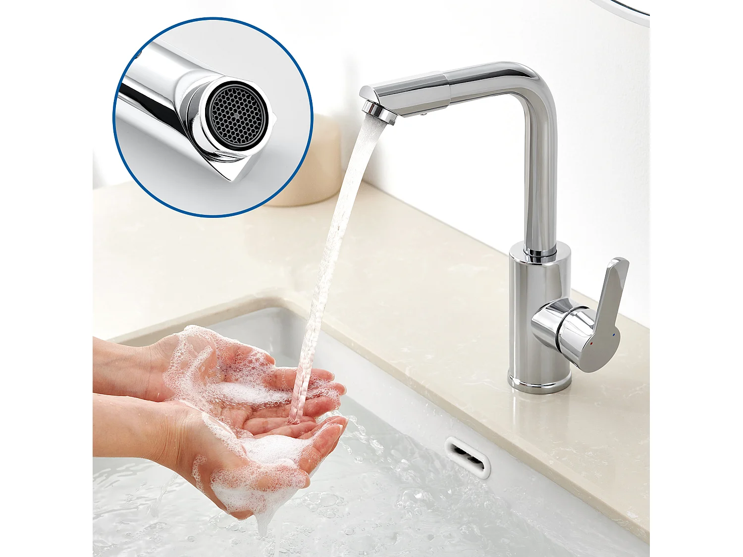 Grifo de Lavabo con Boque Giratorio,Mezclador Lavabo Rotación de 360 Grados,Cromado+Sifón de Lavabo Forma U Tubo Sifón Anti-olor Sifón Ø32 mm,Cromado