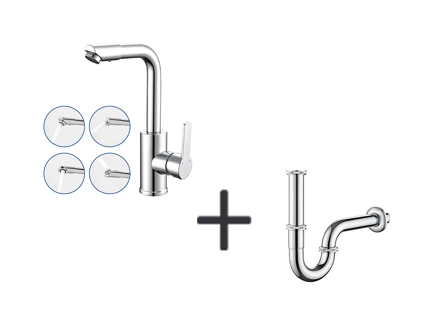 Robinet de Lavabo avec Bec Pivotant,Mitigeur Lavabo Rotation à 360 Degrés,Chromé+Siphon de Lavabo Forme U Tube Siphon Anti-odeurs Siphon Ø32 mm,Chromé