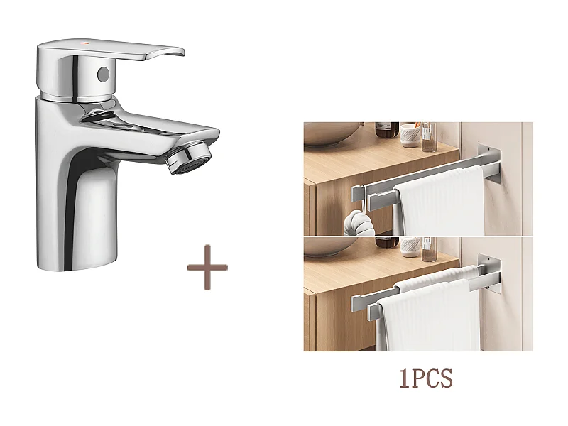 Auralum max Mezclador monomando de lavabo cromado con orificio para desagüe, agua fría/caliente + adhesivo/perforación, toallero de baño, cepillado