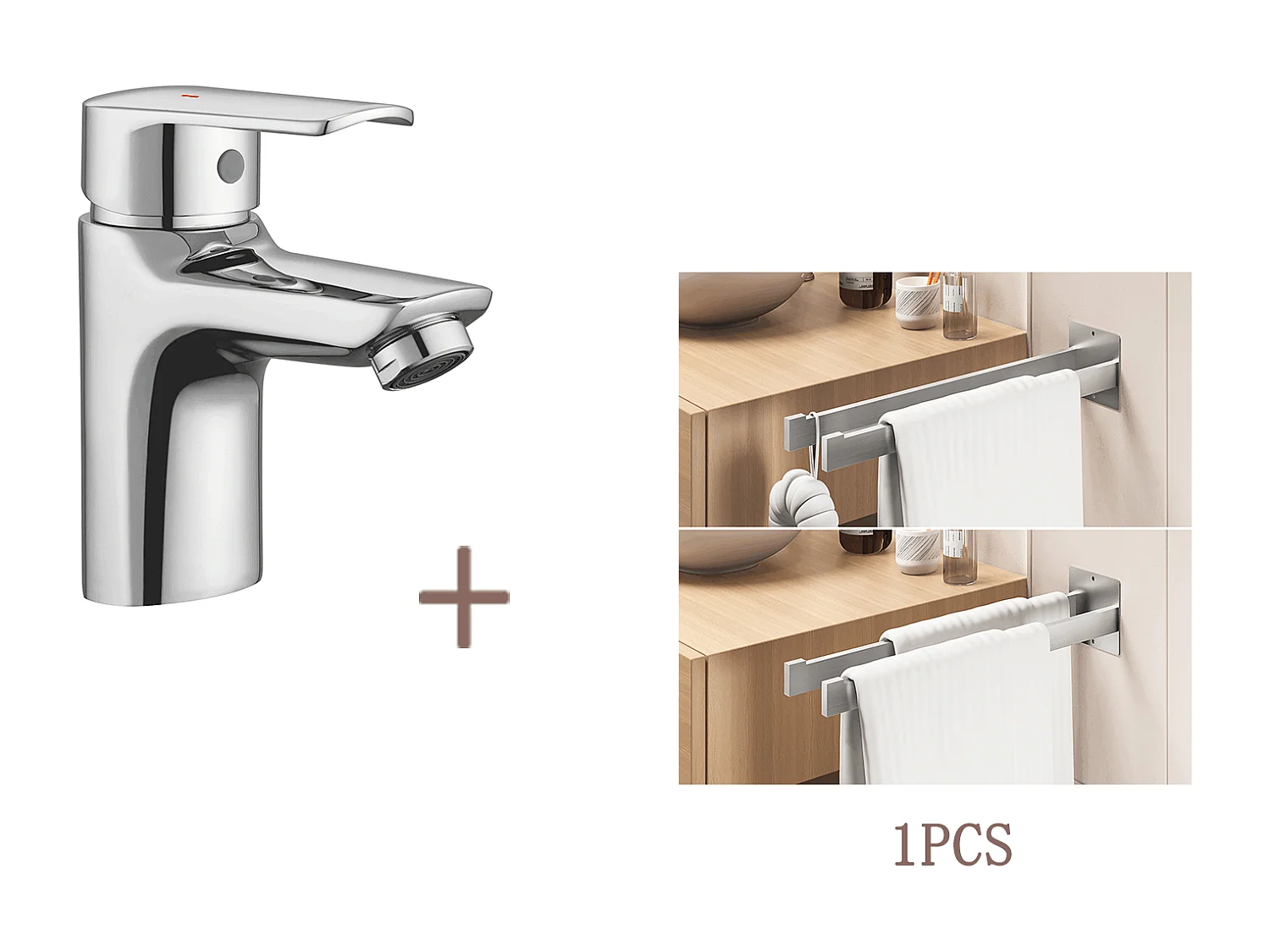 Auralum max Verchroomde Eengats Wastafelmengkraan met Afvoergat, Koud/Warm Water + Zelfklevend/Borende Badkamer Handdoekhouder, Geborsteld