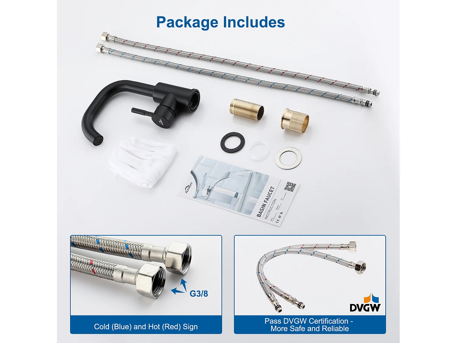 AuraLum Max 2cps Schwarzer Waschtischhahn mit abnehmbarem Sprudeler, 360°-Drehung, Badezimmer-Mischbatterie aus Messing, 250 mm Höhe, EU-Modell