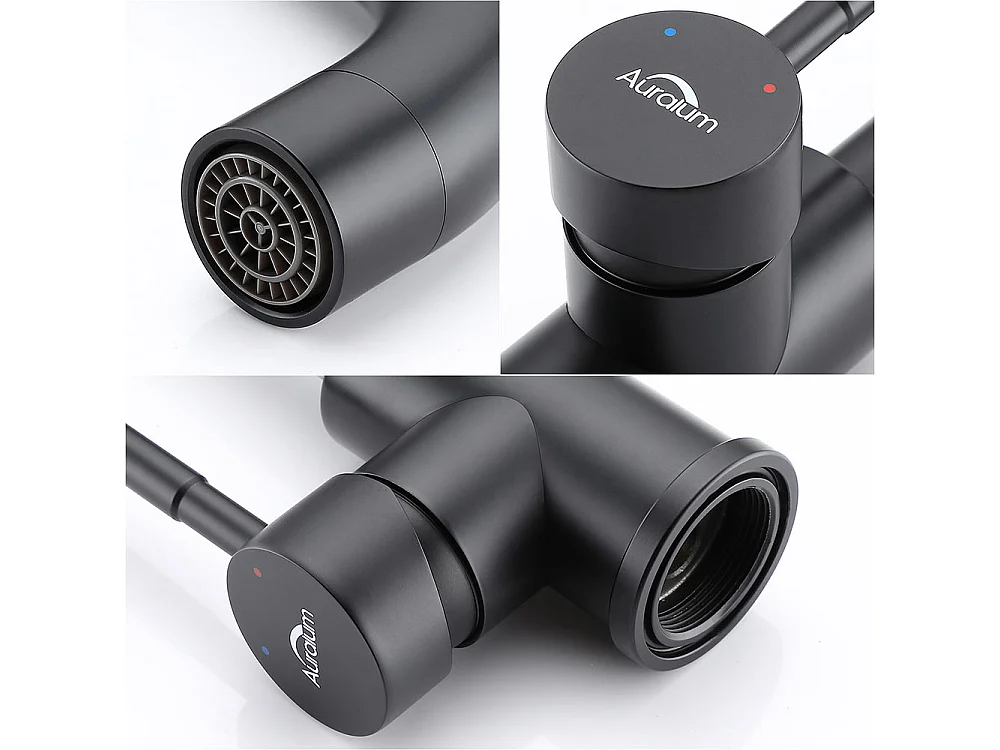 AuraLum Max 2cps Wastafelkraan Zwart met afsleerbare romper, 360° rotatie, messing badkamermengkraan, 250 mm hoog, EU-model