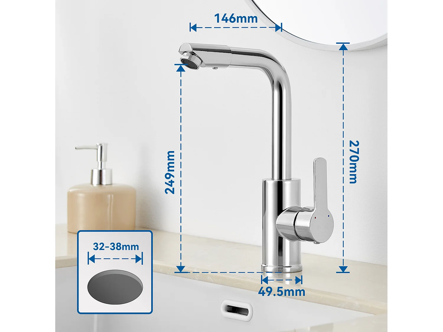 Grifo de Lavabo con Boque Giratorio,Mezclador Lavabo Rotación de 360 Grados, Cromado+Bondo de Lavabo Desagüe Pop-up con Desbordamiento Automático