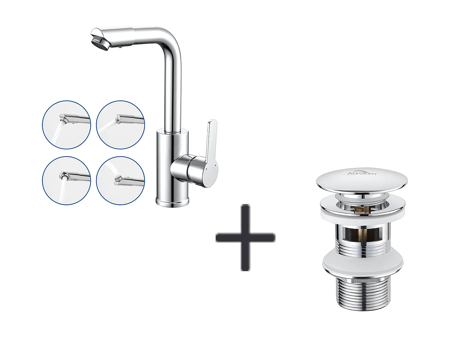 Robinet de Lavabo avec Bec Pivotant,Mitigeur Lavabo Rotation à 360 Degrés,Chromé+Bonde de Lavabo Bonde Pop-up avec Trop-plein Automatique Universelle
