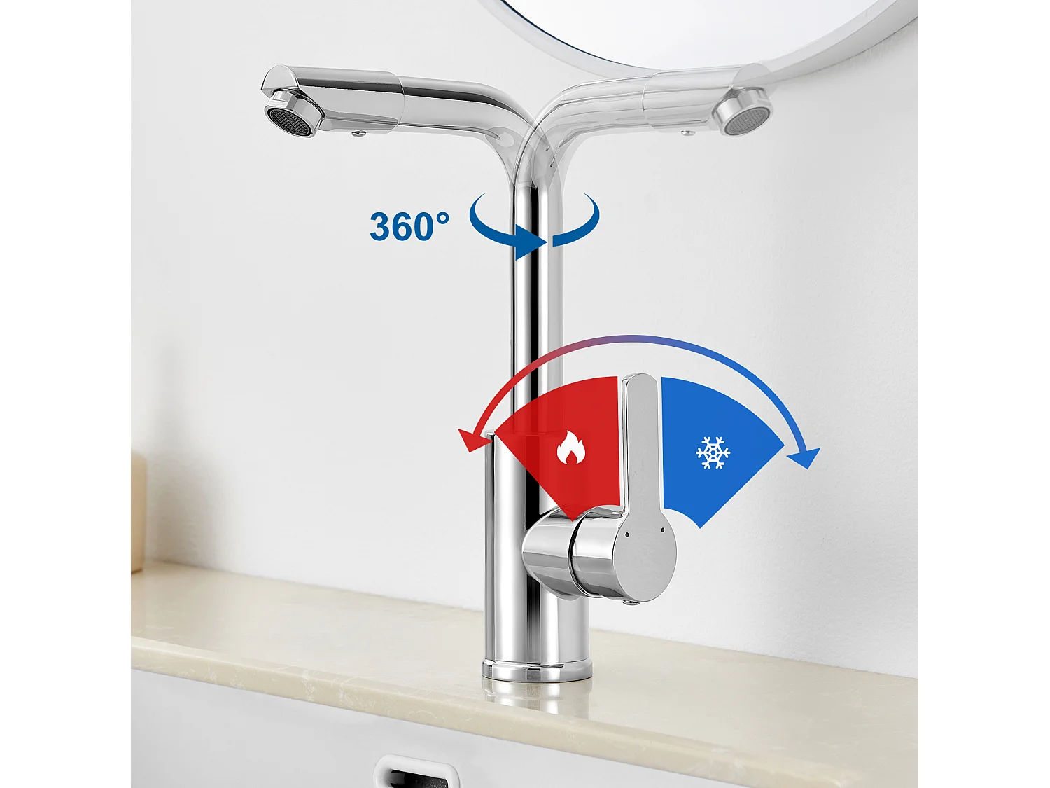Robinet de Lavabo avec Bec Pivotant,Mitigeur Lavabo Rotation à 360 Degrés,Chromé+Bonde de Lavabo Bonde Pop-up avec Trop-plein Automatique Universelle