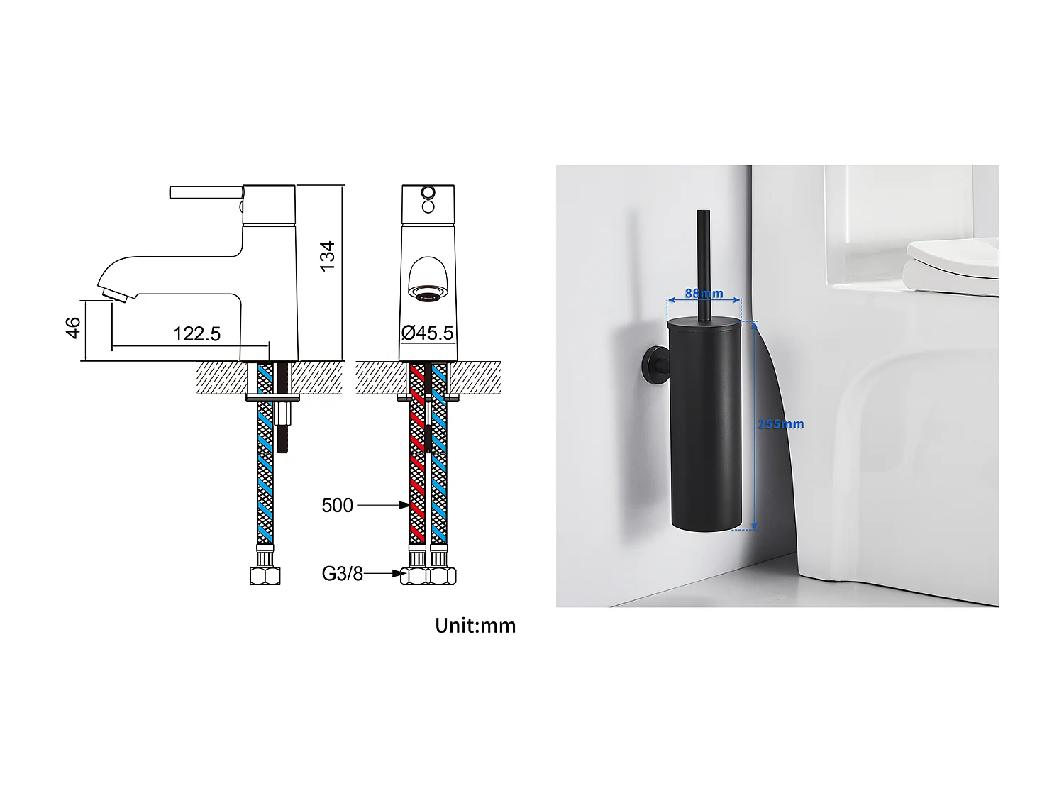 Wastafelkraan,Wastafelmengkraan Badkamermengkraan Koud/Warm Water+Borstel Toilet Hangend Toilet met Borstelhouder, RVS,Zwart