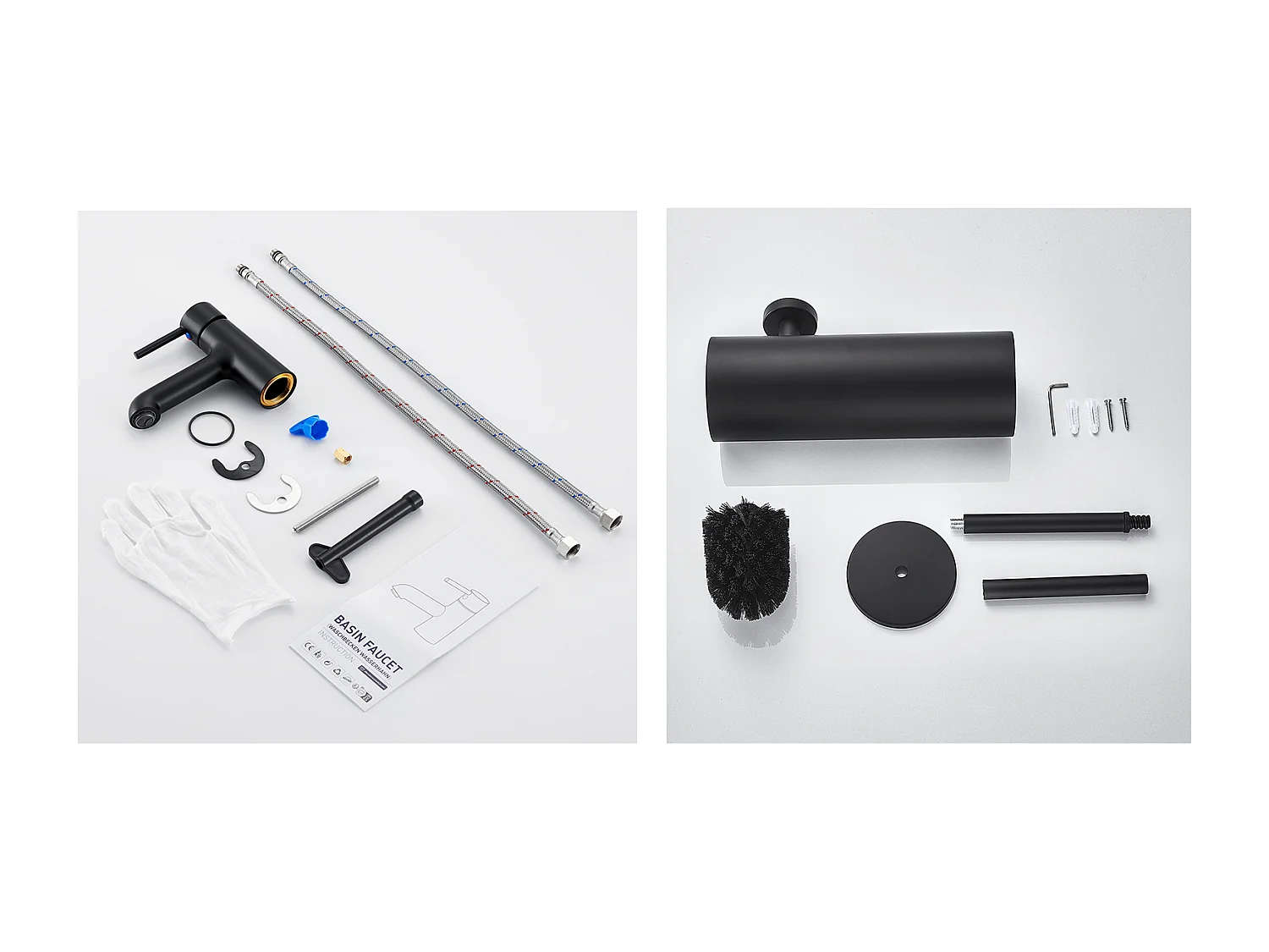 Wastafelkraan,Wastafelmengkraan Badkamermengkraan Koud/Warm Water+Borstel Toilet Hangend Toilet met Borstelhouder, RVS,Zwart