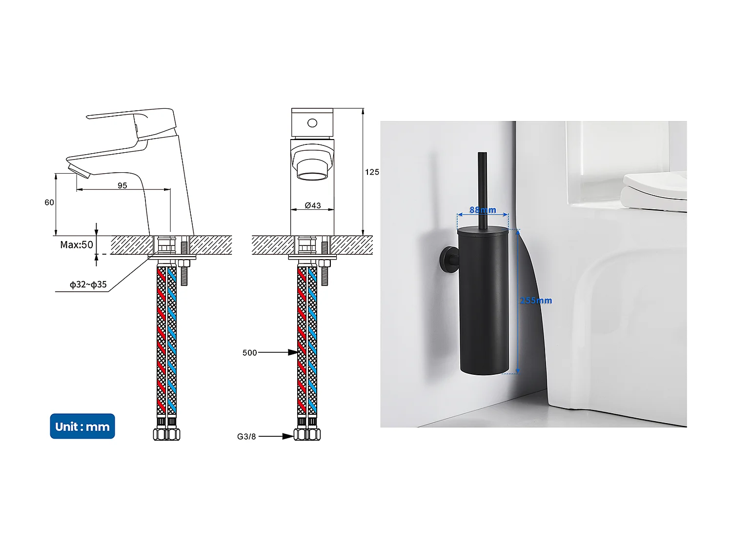 Wastafelmengkraan met één gatMet Afvoertrekkergat, Badkamerkraan + Toiletborstel Hangend toilet met borstelhouder, ROESTVRIJ staal, Zwart