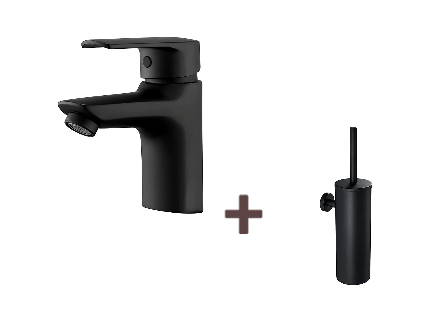 Mitigeur Lavabo Monotrou avec Trou de Tirette de Vidage,Robinet Salle Bain+Brosse Toilettes WC Suspendu avec Support de Brosse,Acier INOX,Noir