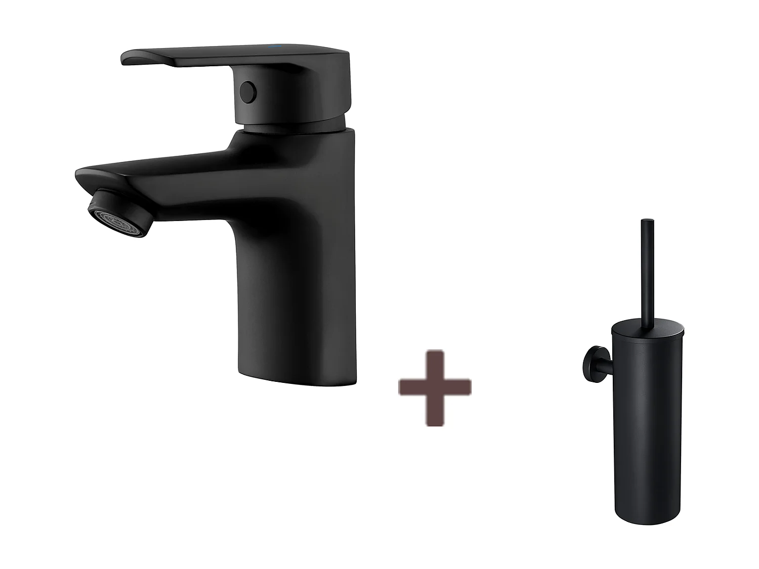 Mezclador Lavabo Monoagujero con Tirador de Drenaje,Grifo Baño+Cepillo WC Suspendido con Soporte de Cepillo,Acero INOX,Negro