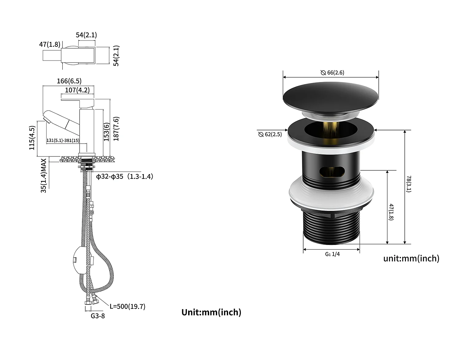 Waschtisch-Mischbatterie mit ausziehbarer Brause, schwarz, Höhe 187 mm + Waschtisch-Ablaufgarnitur mit universellem automatischen Überlauf